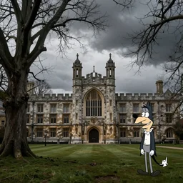 gothic british university, cold overcast day, dead trees, cartoon, drawn by craig mccracken