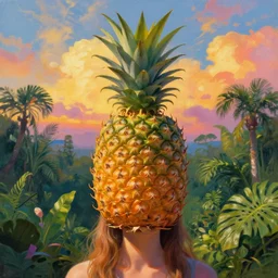 closeup, giant pineapple on head, girl surrounded by djungle, surreal photography, golden hour, colorful clouds, impressionist painting, digital painting, artstation, simon stalenhag