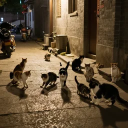 a lot of cats in a old street in china, at night, backlighting