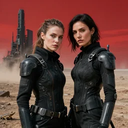 cinestill 5 0 d photographic portrait of two loving female androids wearing rugged black techwear on a desolate plain with a red sky, extreme closeup, lizard on ground, cyberpunk style, in front of a brutalist dark metal facility, dust storm, 3 5 mm, 8 k, hd, high resolution, f / 3 2, ultra realistic faces