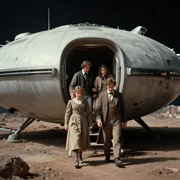 70mm film still from a sci fi blockbuster movie made in 2022, set in 1860, of a family leaving a spaceship, that has just landed on an alien planet, wearing 1850s era clothes, good lighting, 4k, HD, in focus