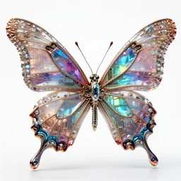 futuristic mechanical butterfly, intricate complex circuitry and iridescent microchips, colorful, crystal, highly detailed, photorealistic camera shot, bright studio setting, studio lighting, ornate, crisp quality and light reflections, unreal engine 5 quality render
