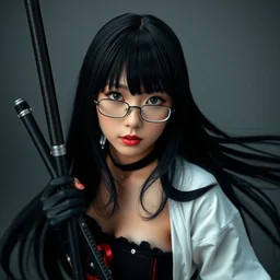 highly detailed beautiful anatsu kyoushitsu cosplay, warcore, dramatic pose, long black hair and fringe, upper body portrait, clear and perfect eyes, midriff, glasses, professional photography 8 k 3 5 mm, holding weapon, pixiv