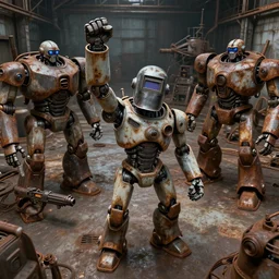 a realistic crazy robot, a welding helmet for a head, one fist raised high in triumph, raised fist, standing in front of many large robots inside a huge rusty dingy warehouse, army of big robots, rusty, raygun gothic, atomic punk, digital art, detailed render, high angle