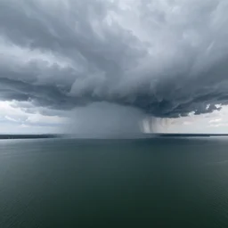 ultra wide angle aerial photograph over lake erie, grey clouds, stormy, water spouts, creepy