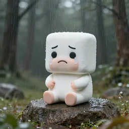 Realistic Cute Marshmallow kid crying in the raining forest sitting on a rock, sad, cloudy, rainy, movie shot, studio shot, studio lighting, 8k