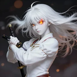 renaissance art elf girl with white skin, katana in hand, hair blowing the wind, flames eye, trending artistic art, soft anime, dynamic photography, fate zero, realistic face, extremely high detailed, bokeh background, studio ghibly makoto shinkai yuji yamaguchi, wlop