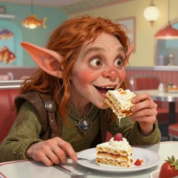 closeup profile portrait of a medieval goblin eating cakes in a 1 9 5 0 s diner, nicoletta ceccoli, mark ryden, lostfish, max fleischer, hyper realistic, artstation, illustration, digital paint, matte paint, vivid colors, bright, cheerful, detailed and intricate environment