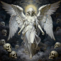 painting of an ominous bright angel of death with many skulls in dark clouds, full-body portrait, highly detailed, ornate and elegant, fantasy, traditional art, gothic, abstract art, surrealism, concept art, on artstation