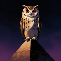 an owl on the top of pyramid, darkest night, red eyes glowing, illustration, alan moore, watchmen, colorful, less saturation, grain, noise, avant garde, nft style, circle frame, rose black frame, coin look a like