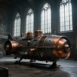 dark vintage spaceship with copper equipment in a hanger with large victorian windows