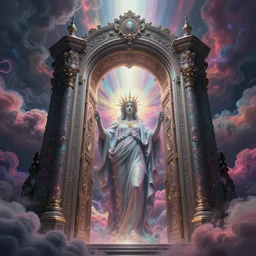 [ palate ] [ nebulous energy ] [ muted neon colors ] intricate giant victorian style portal to purgatory, paisley cloud pattern, god at the gate, award winning composition, vibrant neon nebulous clouds, symmetrical details, hyper realistic illustration, radiant light rays, photorealistic illustration, intricate and fine details, volumetric lighting, artstation