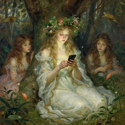 goddess of nature checking her phone, art by josephine wall, fantasy, magic realism, art by huang guangjian, art by arthur rackham, art by amanda sage, viktoria gavrilenko