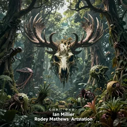dense haunted forest on an exotic alien planet, jungle of antler trees, insectile plants, gnarled stumps and thorny weeds forming demonic moose skull image, by ian miller, rodney matthews and artstation, hyperdetailed, photorealistic render