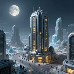 small building, city, street view, science fiction, cyberpunk, ice world, wide angle, full of people, moon, a lot of yellow lights, cinematic lighting, high detail, digital painting, concept art, illustration, smooth, sharp focus, trending on artstation, trending on deviantart, 4 k