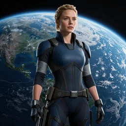 “Emily Blunt as female Commander Shepard. Shot in space. Planet Earth in the background. Mass Effect, movie poster, photorealistic, cinematic, high detail, 4k”