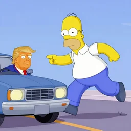 Homer Simpson in his car runs over Donald Trump