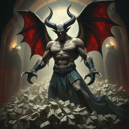 full body portrait of a muscular satanic demon, lucifer, devil, beelzebub, standing in a huge pile of bills, greek, monastery interior in hell, intricate, highly detailed, digital painting, artstation, concept art, cinematic lighting, illustration, by artgerm, greg rutkowski, alphonse mucha, cgsociety