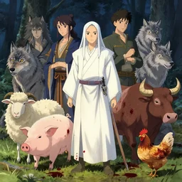 high intricate full shot of a anthropomorphic druid in a white robe, pig, sheep, wolf, bull, chicken, covered in blood, maria panfilova, andrea savchenko, mike kime, ludovic plouffe, qi sheng luo, oliver cook, makoto shinkai, trending on artstation