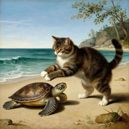 renaissance painting of a cat on the beach playing with a turtle in the ocean