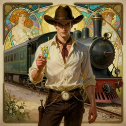 a dramatic ethereal epic symmetrical painting of a handsome villainous cowboy standing in front of a train!! locomotive!! | his shirt is unbuttoned and he has a pocketwatch | tarot card, art deco, art nouveau, ( steampunk ), homoerotic, realistic | by louis comfort tiffany and alphonse mucha | trending on artstation