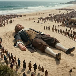 photos of a gigantic, thousand foot long, man lying unconscious on a beach surrounded by thousands of tiny onlookers. he is wearing clothes from the 1 7 th century. cinematic and atmospheric