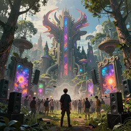 A person at a music festival standing amongst tall trees with speakers around epic portals, cyberpunk, epic surrealism, Detailed digital matte painting in the style of simon stalenhag and Bev dolittle Zdzislaw Beksinski, Greg Hildebrandt artstation, psychedelic