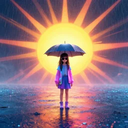 a lonely girl with an umbrella alone in vast cyberspace, glitching through the rain, sunburst background, wearing sunglasses, futuristic clothes, vibrant colors, glitchy, rule of thirds, spotlight, drips of paint, expressive, passionate, by greg rutkowski, by jeremy mann, by francoise nielly, by van gogh, digital painting