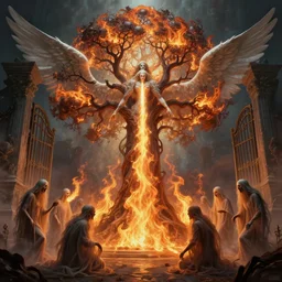 a angelic tree of life at the gate of hell and spitting fire flames, ghosts of lost souls in front are being hit by the fire, fantasy art, art by greg rutkowski and artgerm, amazing detail, hd, illustration, epic, intricate, elegant, artstation, concept art, smooth, sharp focus, cinematic