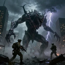 An Eldritch monstrosity fighting the military in New York during a thunderstorm. highly detailed, trending on artstation, gritty, cinematic lighting, 8k