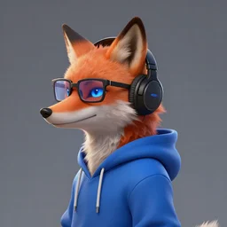 league of legends concept art anthropomorphic fox in blue hoodie, art by charles liu, geek glasses, black headphones, blue eyes, profile picture, empty background, fantasy style, perfect angle, soft lighting, vibrant color scheme, ultra detailed, volumetric lighting, octane render, commission art, 8 k wallpaper