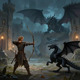 an archer and a black dragon on a medieval palace courtyard at night, epic, fantasy art, dnd, high quality, artstation, behance, hd, digital illustration