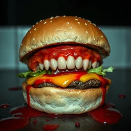 burger with teeths haunts you for the rest of your life, horror, blood, creepy burger, 8 k, realistic, hdr, clear image,