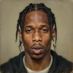 A renaissance painting of Travis Scott, close up, portrait, album cover, shallow depth of field, 40mm lens, gritty, textures