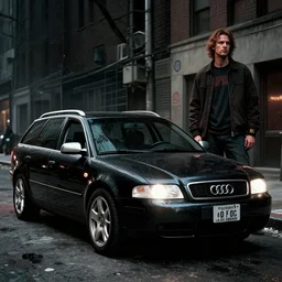 Audi A4 B6 Avant (2002), black car, a gritty neo-noir, dramatic lighting, cinematic, establishing shot, extremely high detail, photorealistic, cinematic lighting, artstation, by simon stalenhag, Max Payne (PC) (2001) winter new york