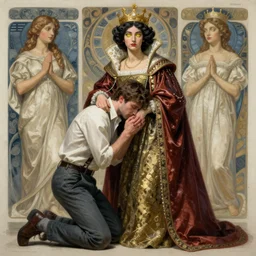 humiliated man kneeling before a proud queen, yellow eyes, highly detailed, digital painting, artstation,  smooth, sharp focus, illustration, art by artgerm and alphonse mucha, high definition digital art, in the style of ilya kuvshinov and Ross tran