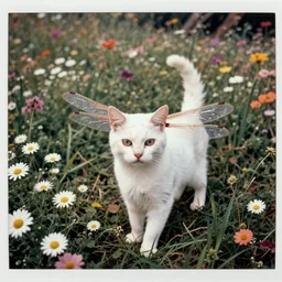 a 70s grainy photograph of a white cat with dragonfly wings in a meadow in bloom. Desaturated, bleached colors. Hippie woodstock style. Marygolds, daysies, grass. Kodak, polaroid