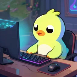 a dodo is plaiyng league of legends on a gaming pc