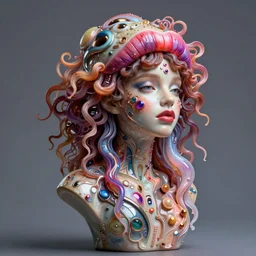 machine cover art arms!!!! lips!!! future bass girl unwrapped statue bust curls of hair petite lush front side view body unfolds photography model full body curly jellyfish lips art contrast vibrant futuristic fabric skin jellyfish material metal veins style of Jonathan Zawada, Thisset colours simple background objective