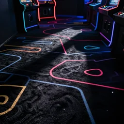 Dark blacklight arcade carpet with neon lines and shapes, albedo game texture