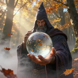 matte painting of mighty wizard holding with clear glass fresnel ball in the sunshine autumn forest, falling autumn leaves are reflected in the ball, foggy bottom, god rays, ultrasharp, art by john berkley, clyde caldwell, artstation, epic composition, detailed, cinematic