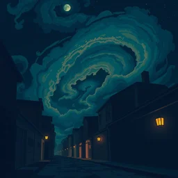 night dark alley, stylized art by sylvain sarrailh, artstation, spiral shape clouds