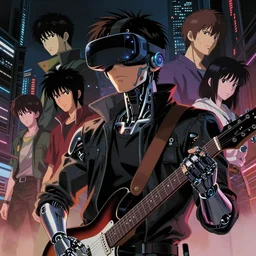 photo portrait of a japanese cyberpunk cyborg male holding a guitar, finely detailed features, cyborg robot parts, futuristic vr headset, blade runner, dramatic cinematic, at cyberpunk city, ghost in the shell, akira, odeo, cinematic lighting, in danger, noir, trending on pixiv fanbox, painted by greg rutkowski, makoto shinkai, takashi takeuchi, craig mullins, mamoru oshii, alphonse mucha, studio ghibli, pixiv