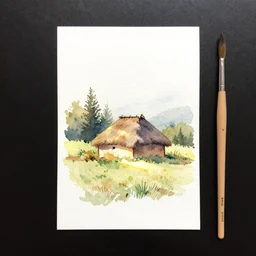 small centered on watercolor paper, paint brush strokes, abstract watercolor painting of madeira landscape, traditional hayroof house, sunlight shining through leaf, translucent leaves, cinematic light, national romanticism by hans dahl, by jesper ejsing, by anders zorn, by greg rutkowski, by greg manchess, by tyler edlin