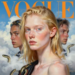 3 d, sci - fi, close - up, blonde fashion model with pigment condition vitiligo, cinematic, clouds, steam, snakes baground, vogue cover style, poster art, bright mood, realistic painting, intricate oil painting, high detail illustration, figurative art, multiple exposure, poster art, by tooth wu and wlop and beeple and greg rutkowski
