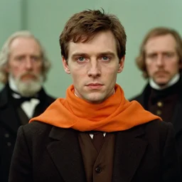 devil in orange scarf film still by kubrick, depicted by herbert james draper, arnold bocklin, john willaim godward, sir lawrence alma - tadema. limited color palette, very intricate, highly detailed, minimalist. red and white chalk study.