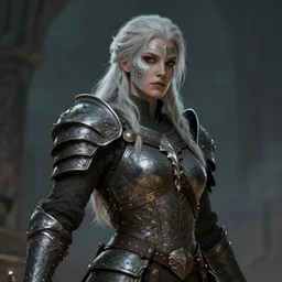 an concept art of the barbarian queen, pale hair, one eye, intricate details, detailed face, detailed armour, artstation, epic pose, ambient light, by rembrandt