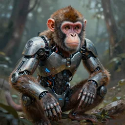 a hyper realistic and highly detailed painting of a cybernetic monkey