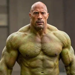 a still portrait dwayne johnson as a bald incredible hulk, cinematic, shallow depth of field