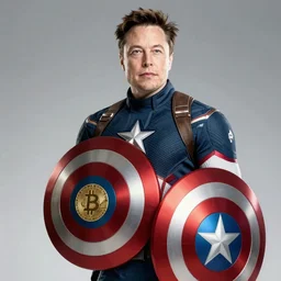 if Elon Musk was captain America, shield as a bitcoin, cinematic, epic, cool, photo realistic, 4k, high detail